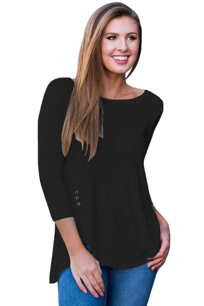 BY250345-2 Black Button Slit Detail Long Sleeve Blouse